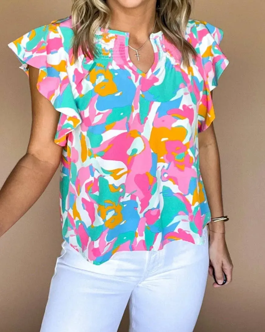 Abstract Flutter Sleeve Blouse in Multicolor