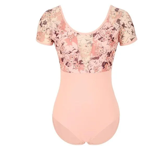 #B2004 Women Ballet Leotard Short Sleeve Mesh Leotards For Ballet -Dance -Gymnastics-Bodysuit with Floral Print
