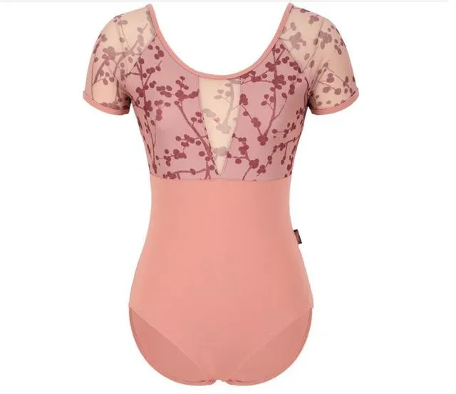 #B2004 Women Ballet Leotard Short Sleeve Mesh Leotards For Ballet -Dance -Gymnastics-Bodysuit with Floral Print