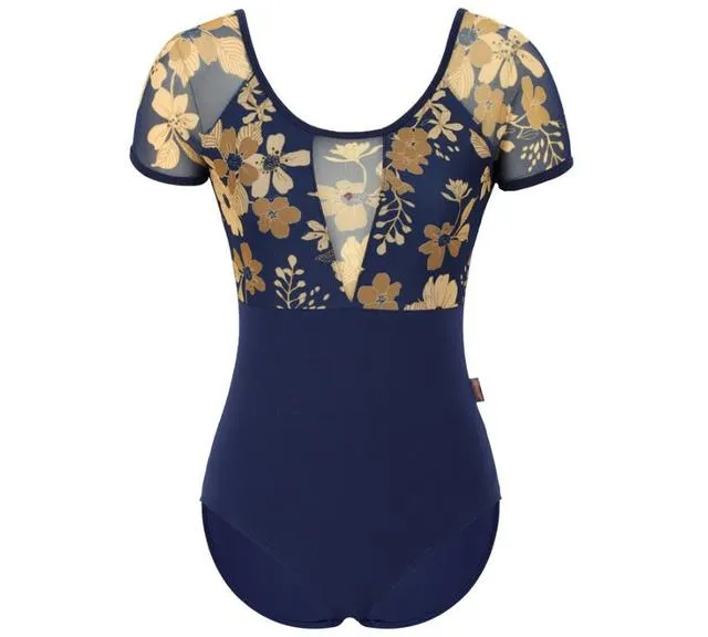 #B2004 Women Ballet Leotard Short Sleeve Mesh Leotards For Ballet -Dance -Gymnastics-Bodysuit with Floral Print