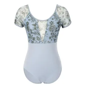 #B2004 Women Ballet Leotard Short Sleeve Mesh Leotards For Ballet -Dance -Gymnastics-Bodysuit with Floral Print