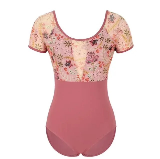 #B2004 Women Ballet Leotard Short Sleeve Mesh Leotards For Ballet -Dance -Gymnastics-Bodysuit with Floral Print