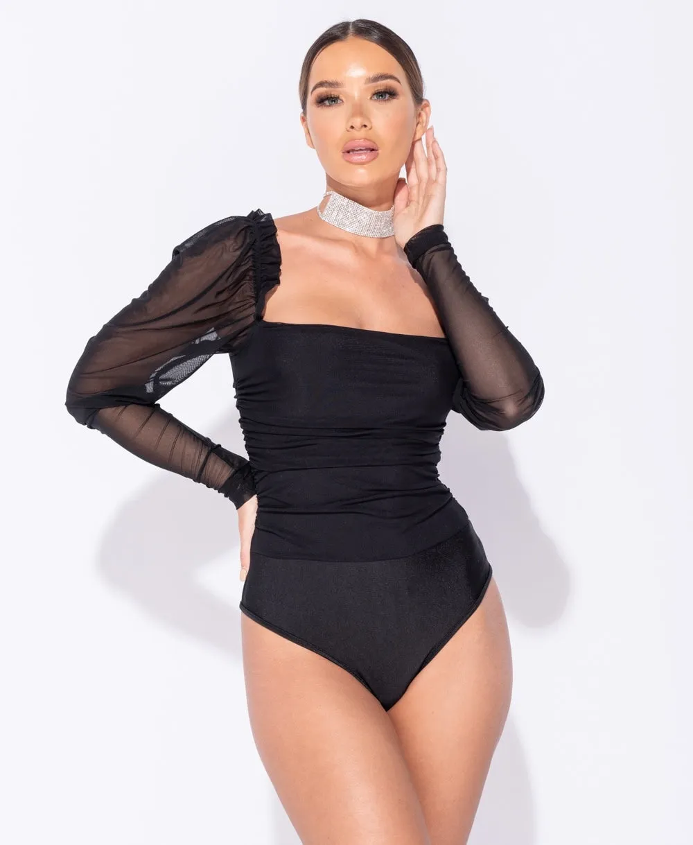 Black Sheer Puff Sleeve Ruching Detail Bodysuit