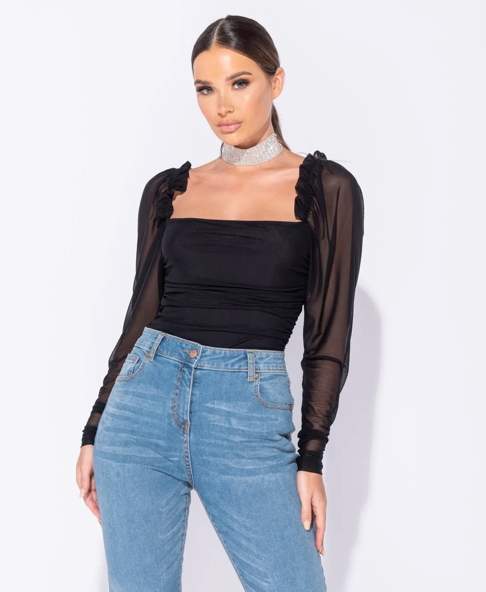 Black Sheer Puff Sleeve Ruching Detail Bodysuit