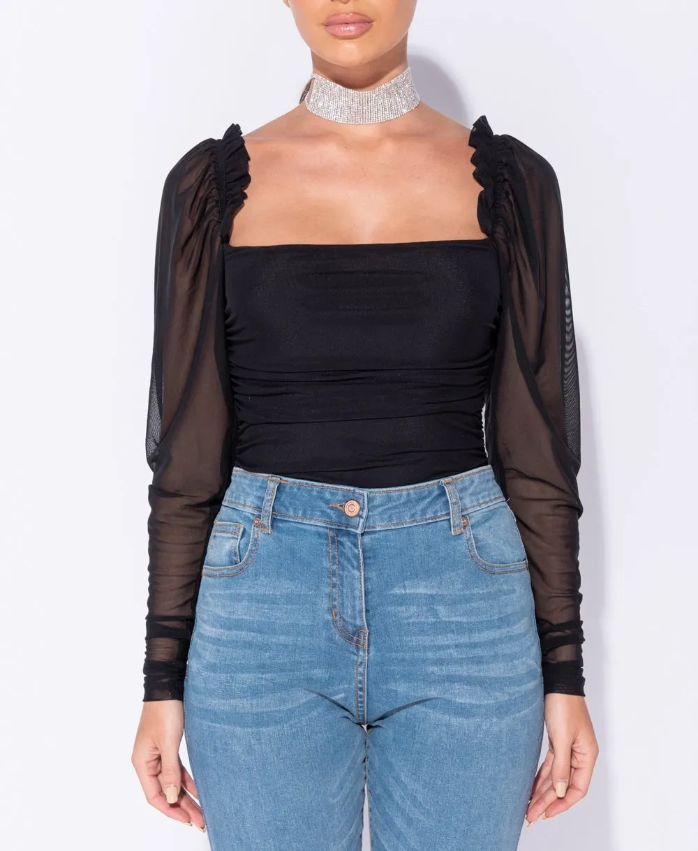 Black Sheer Puff Sleeve Ruching Detail Bodysuit