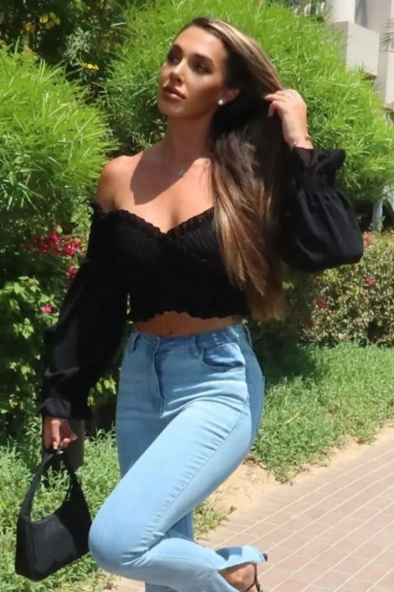 Black Shirring Detail Long Sleeve Bardot  Crop Top