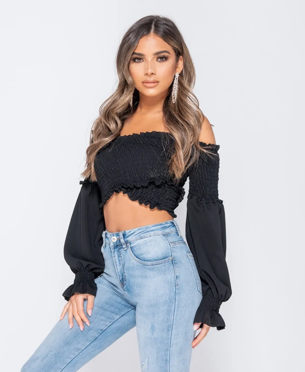 Black Shirring Detail Long Sleeve Bardot  Crop Top