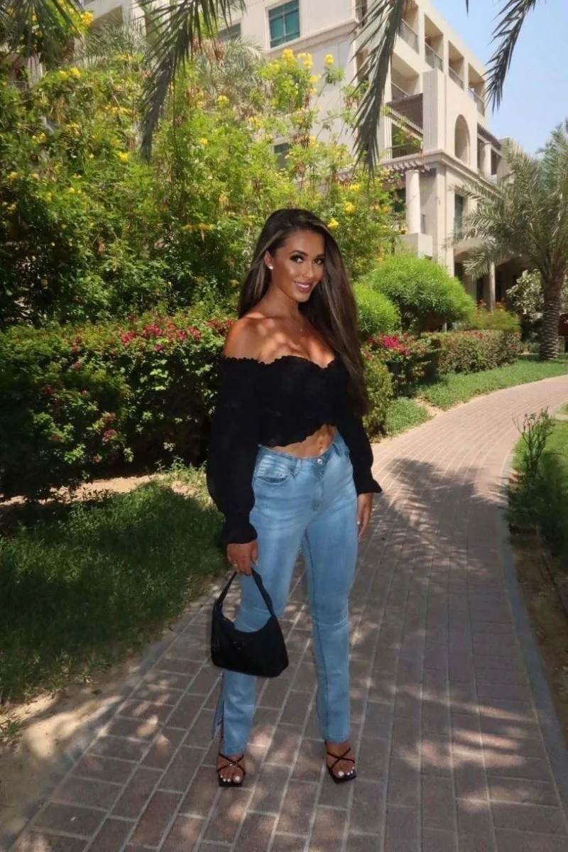 Black Shirring Detail Long Sleeve Bardot  Crop Top