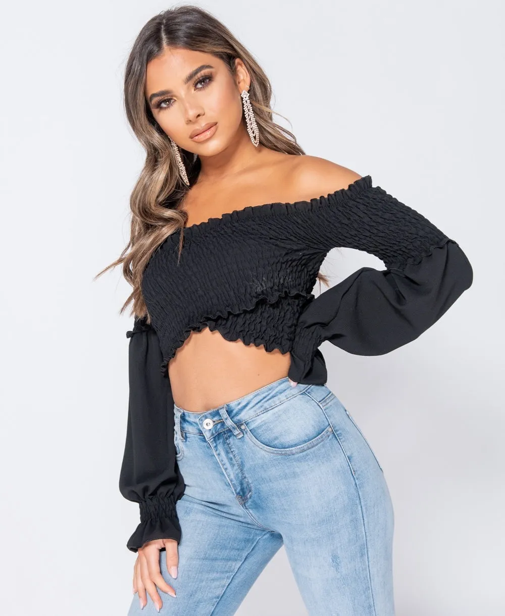 Black Shirring Detail Long Sleeve Bardot  Crop Top