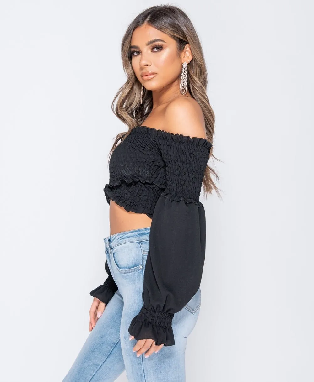 Black Shirring Detail Long Sleeve Bardot  Crop Top