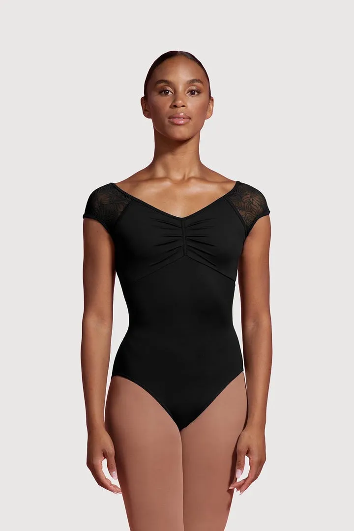 Bloch Saville Pleated Front Womens Mesh Cap Sleeve Leotard