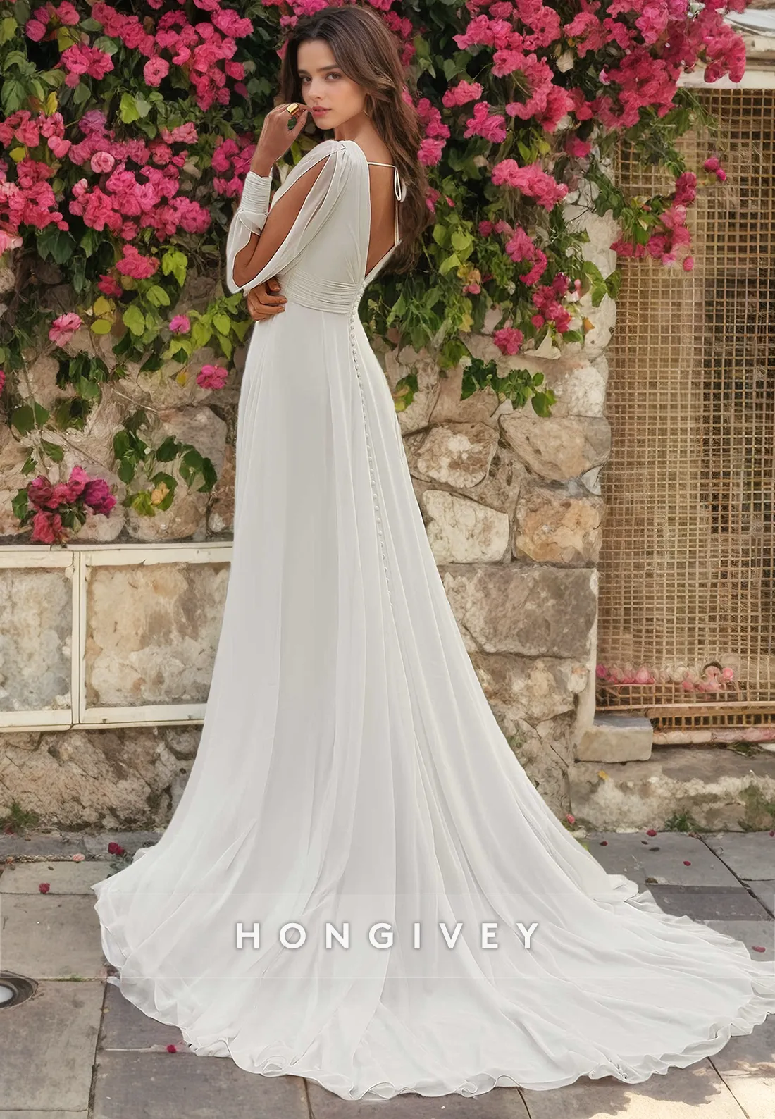 Casual V-Neck A-Line Long Sleeve With Side Slit Wedding Dress