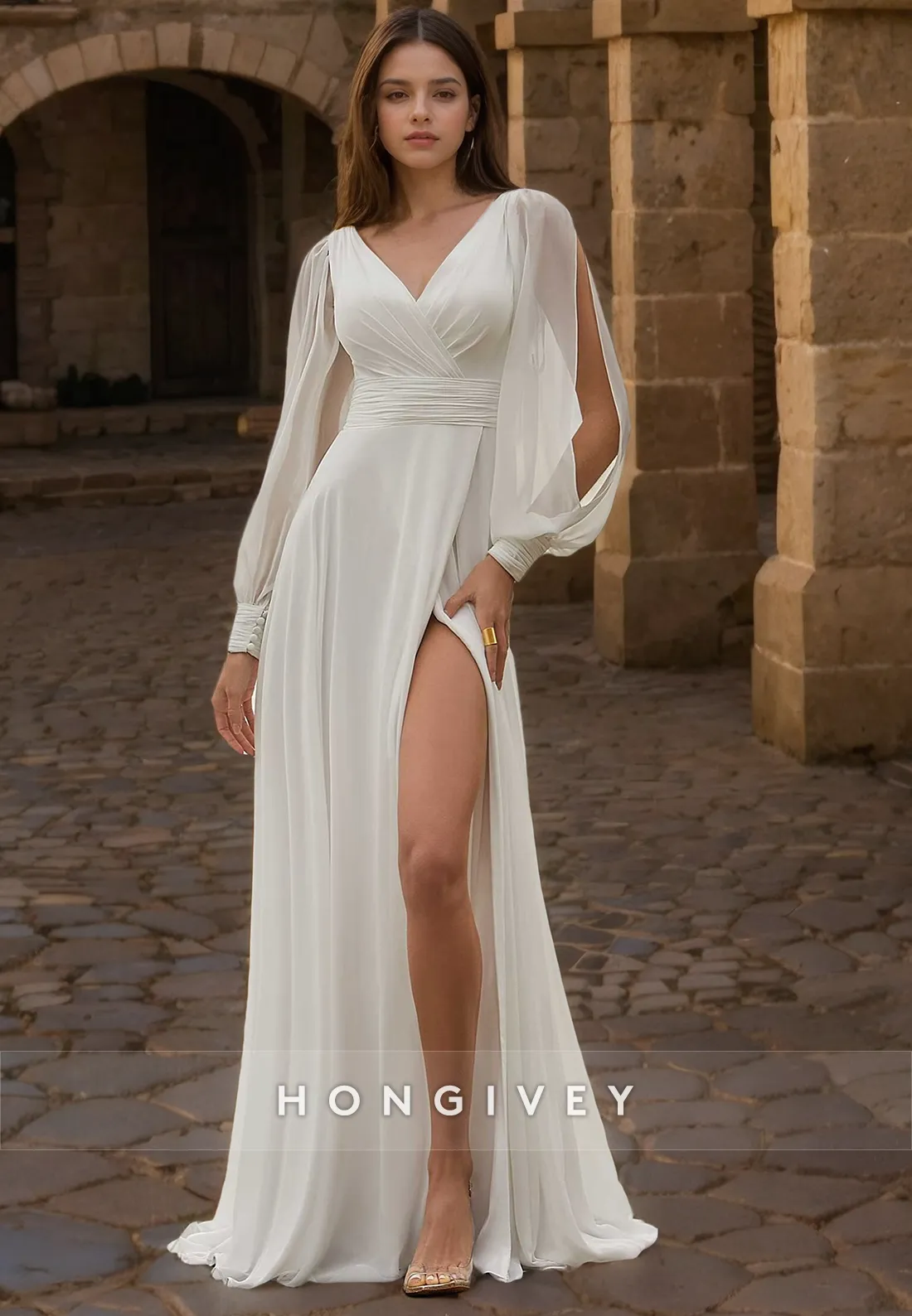 Casual V-Neck A-Line Long Sleeve With Side Slit Wedding Dress
