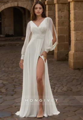 Casual V-Neck A-Line Long Sleeve With Side Slit Wedding Dress