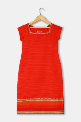 Chittythalli Girls Ethnic wear Cotton blend  Kurthi with Square Neck Cap Sleeve - Red - KU03