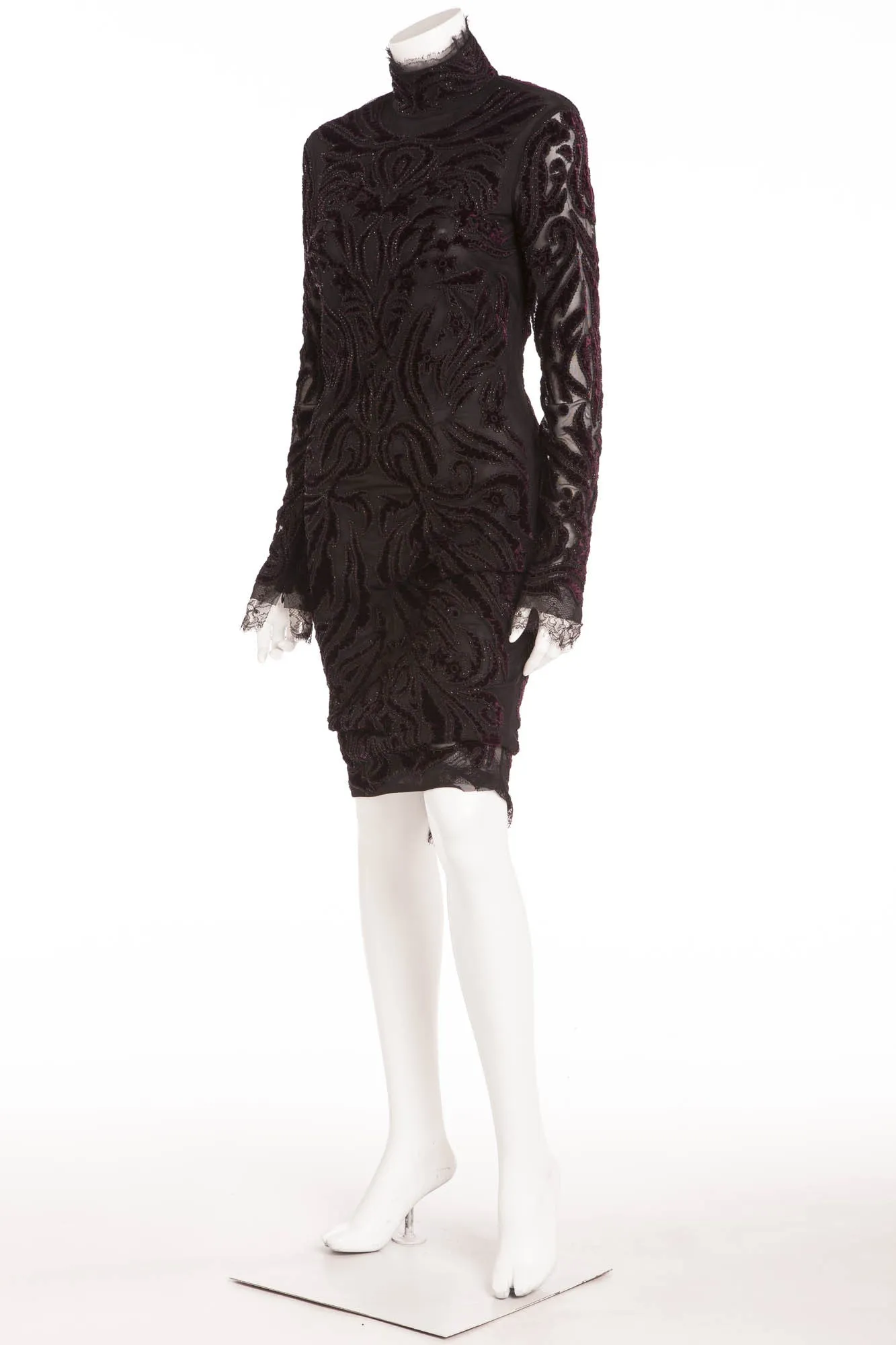 Emilio Pucci - Brand New Long Sleeve Beaded Embellished Burgundy   Black Velvet Dress NWT - IT 42