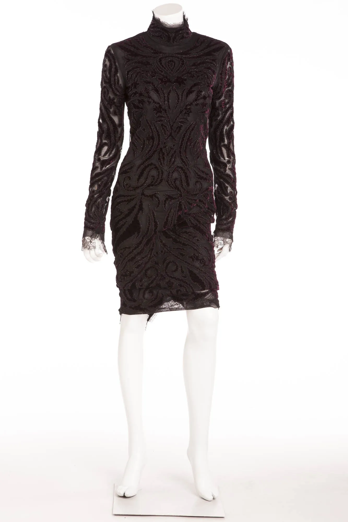 Emilio Pucci - Brand New Long Sleeve Beaded Embellished Burgundy   Black Velvet Dress NWT - IT 42