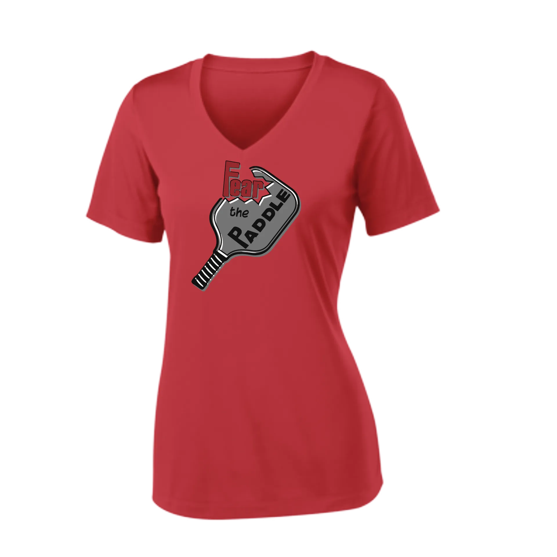 Fear The Paddle | Women's Short Sleeve V-Neck Pickleball Shirts | 100% Polyester