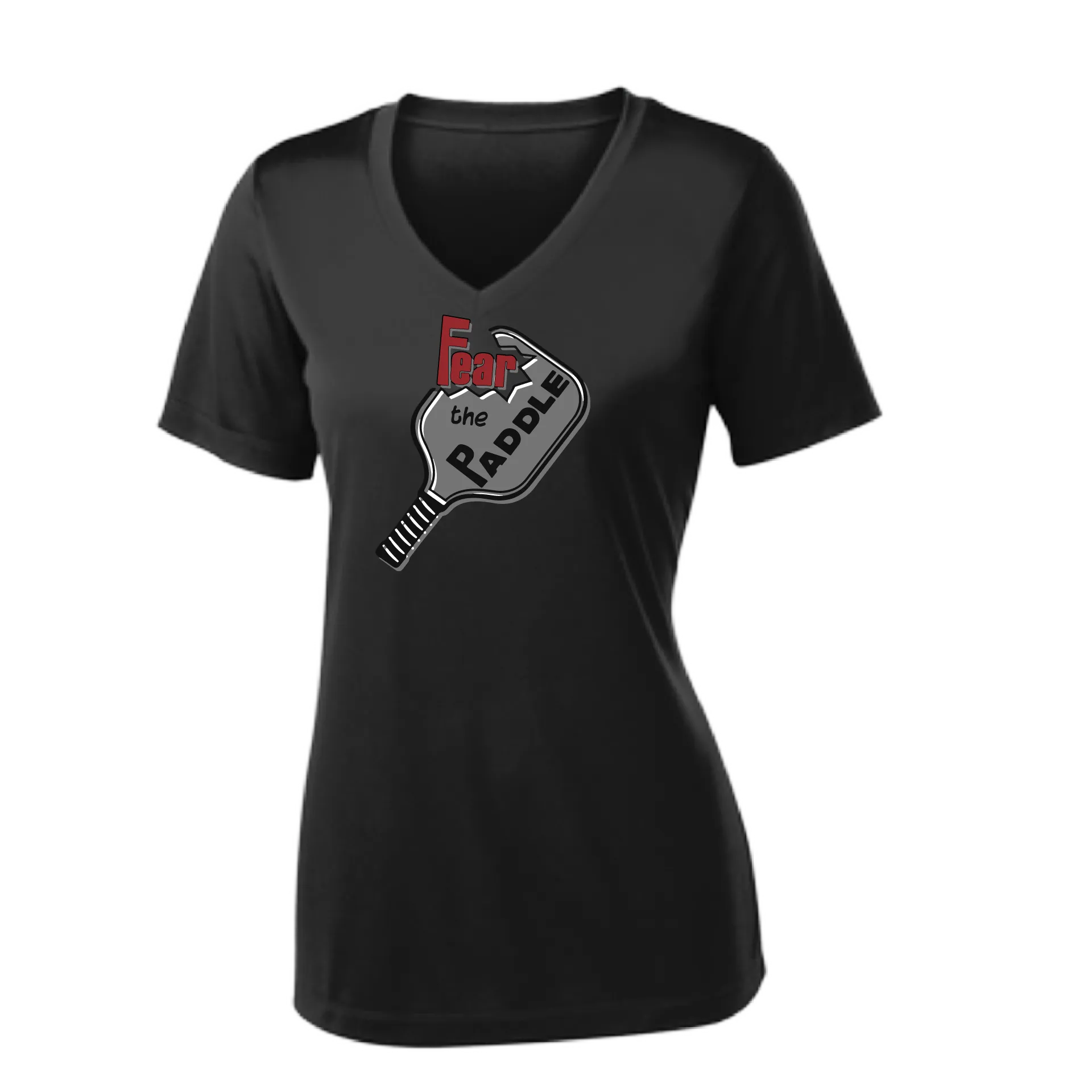 Fear The Paddle | Women's Short Sleeve V-Neck Pickleball Shirts | 100% Polyester