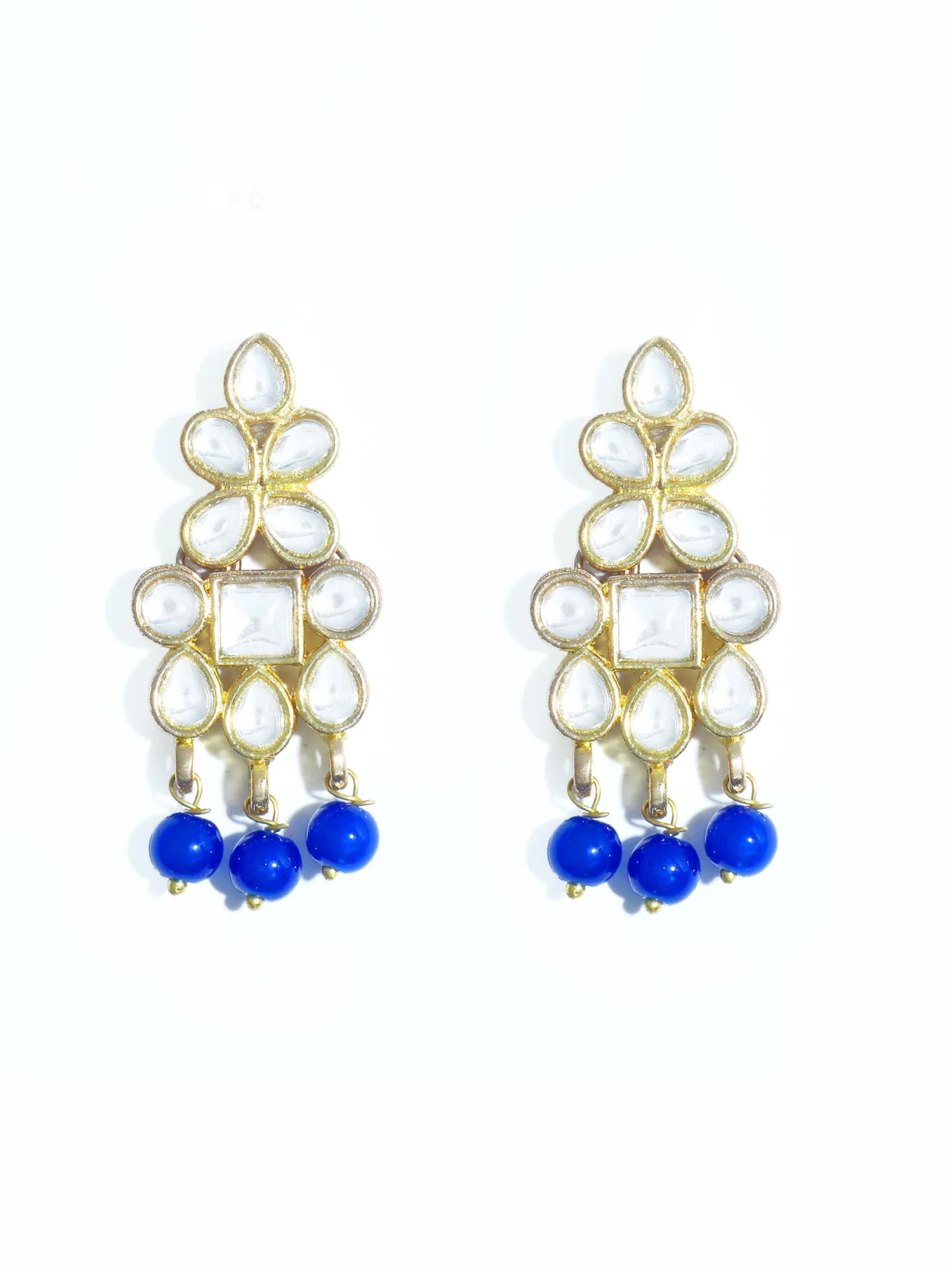 Gold Plated Blue Beads Kundan Dangler Earrings for Women