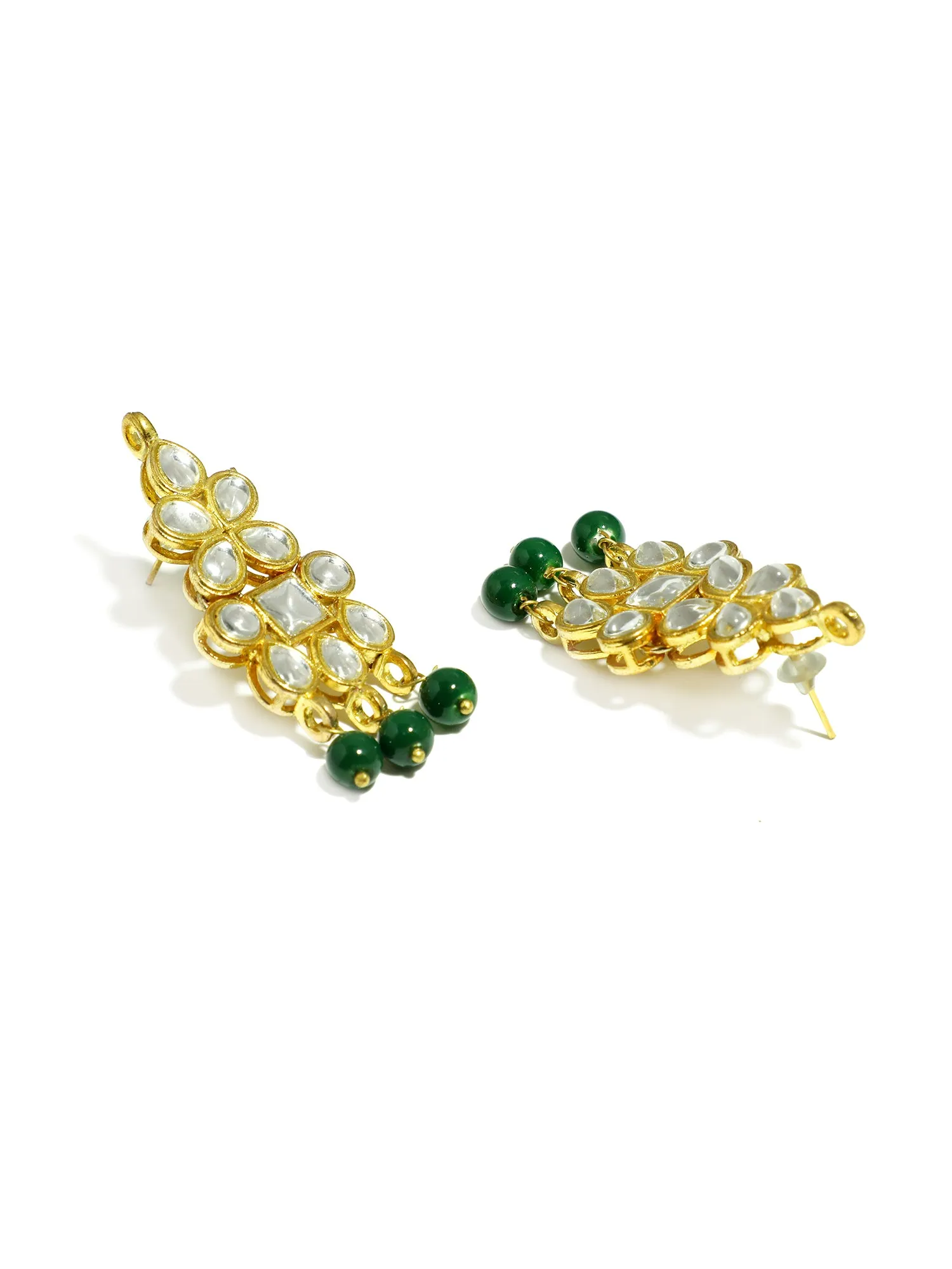Gold Plated Green Beads Kundan Dangler Earrings for Women