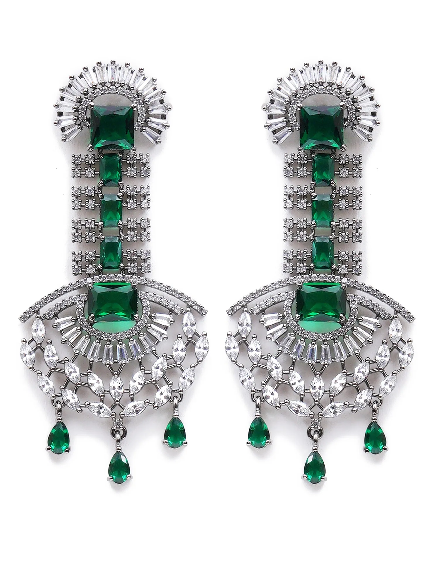 Green American Diamond and CZ Studded Dangler Earrings