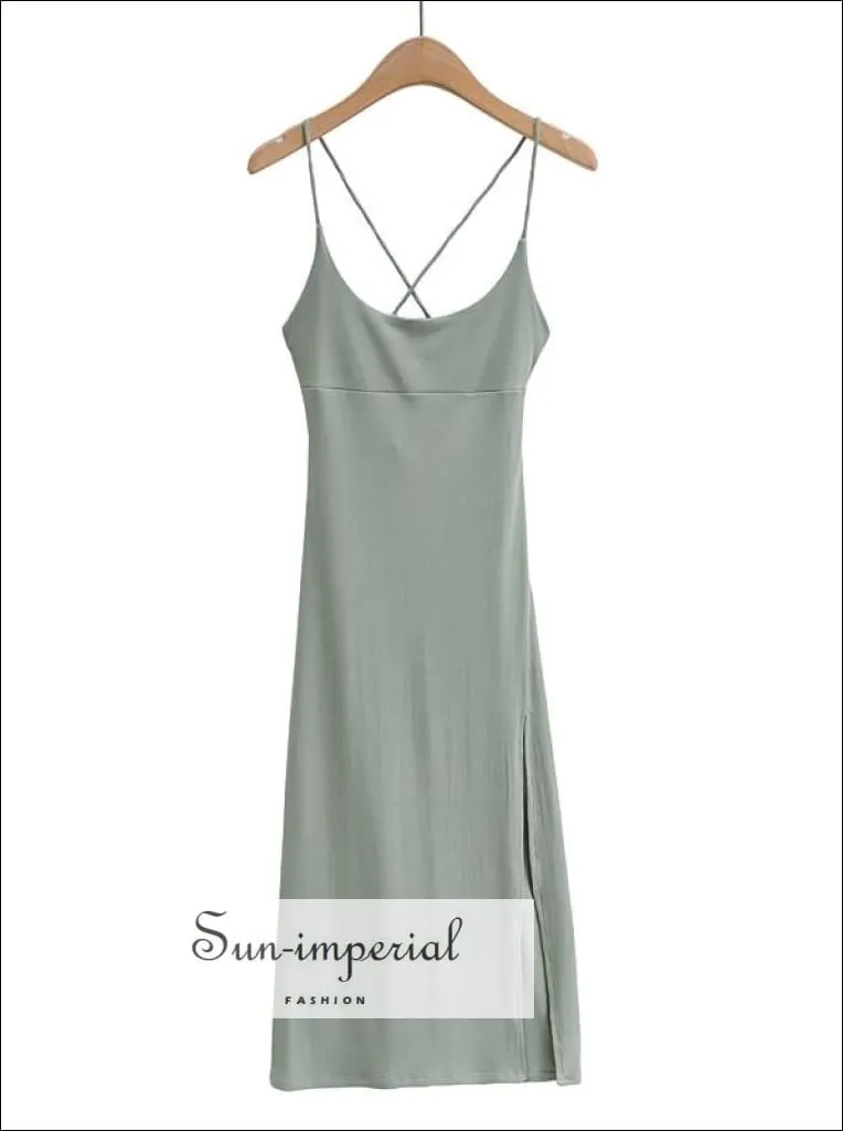Green Criss Cross back Ribbed Cami Strap Midi Dress with High front Split detail