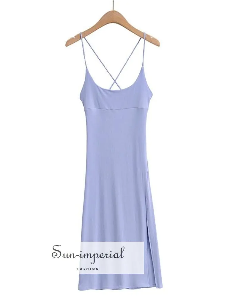 Green Criss Cross back Ribbed Cami Strap Midi Dress with High front Split detail