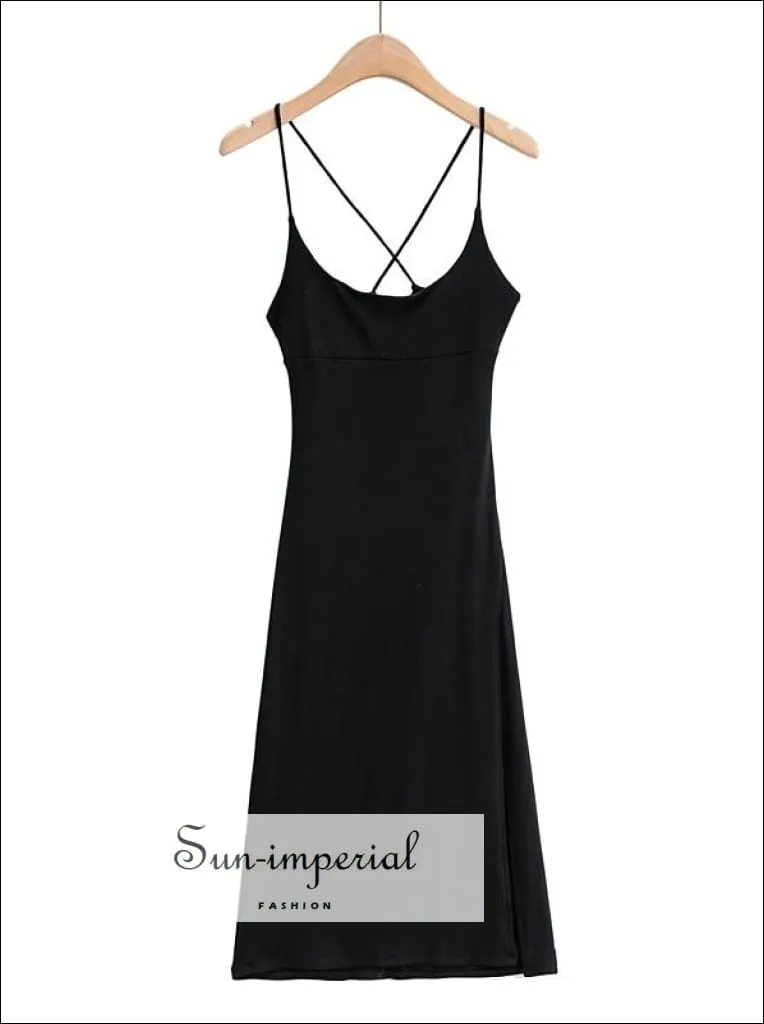 Green Criss Cross back Ribbed Cami Strap Midi Dress with High front Split detail