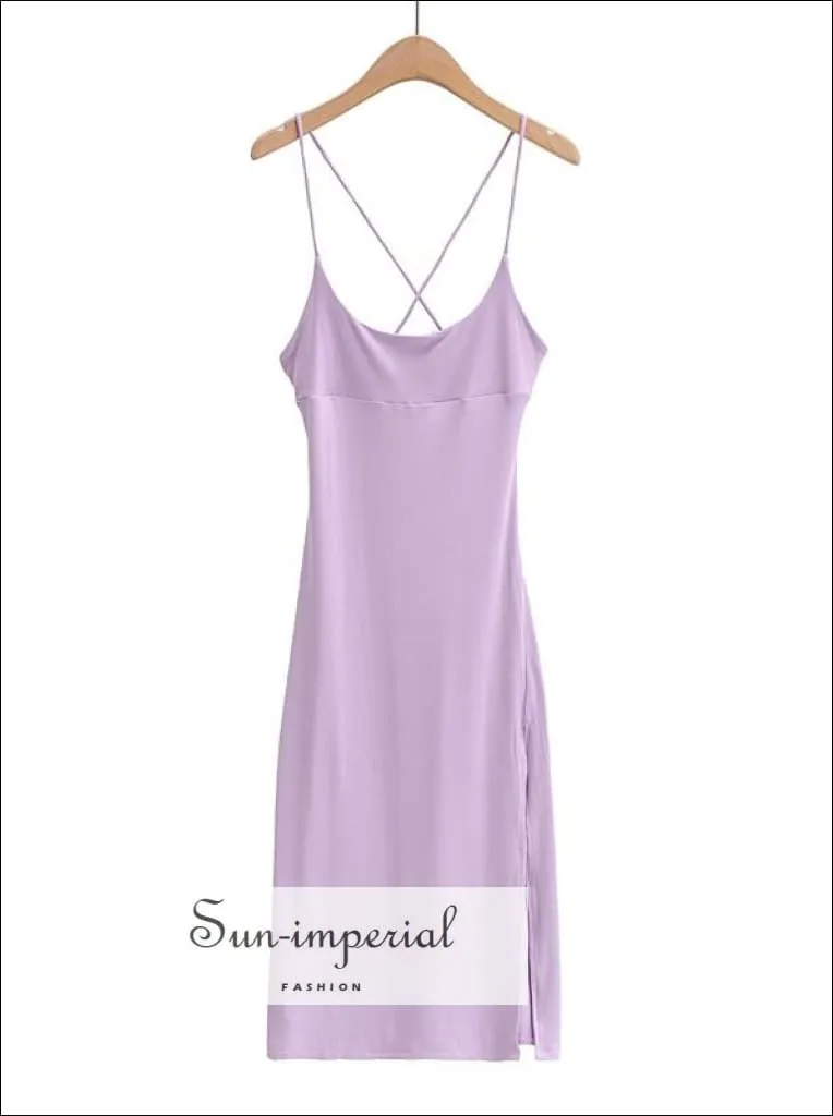 Green Criss Cross back Ribbed Cami Strap Midi Dress with High front Split detail