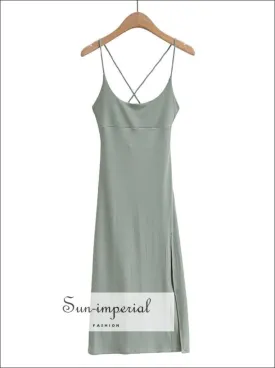 Green Criss Cross back Ribbed Cami Strap Midi Dress with High front Split detail