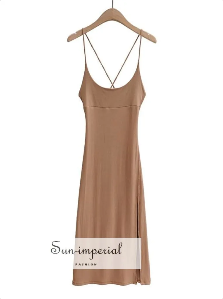 Green Criss Cross back Ribbed Cami Strap Midi Dress with High front Split detail