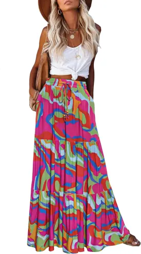 HAEOF Women's Summer Boho Maxi Skirt A-Line Flowy Ruffle Tiered Elastic High Waist Beach Long Skirts with Pockets