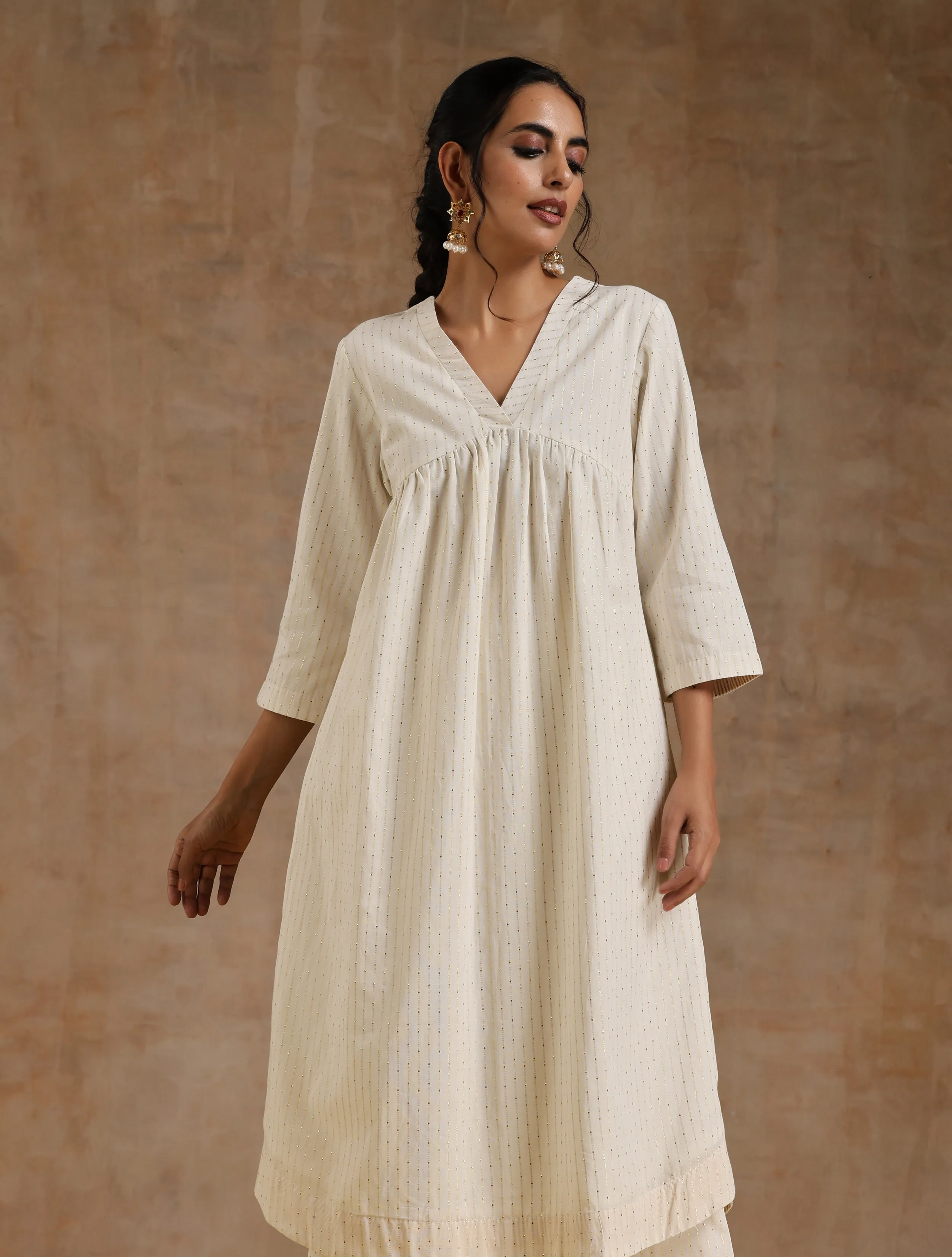 Ivory Gold Cotton Flared Kurta Set