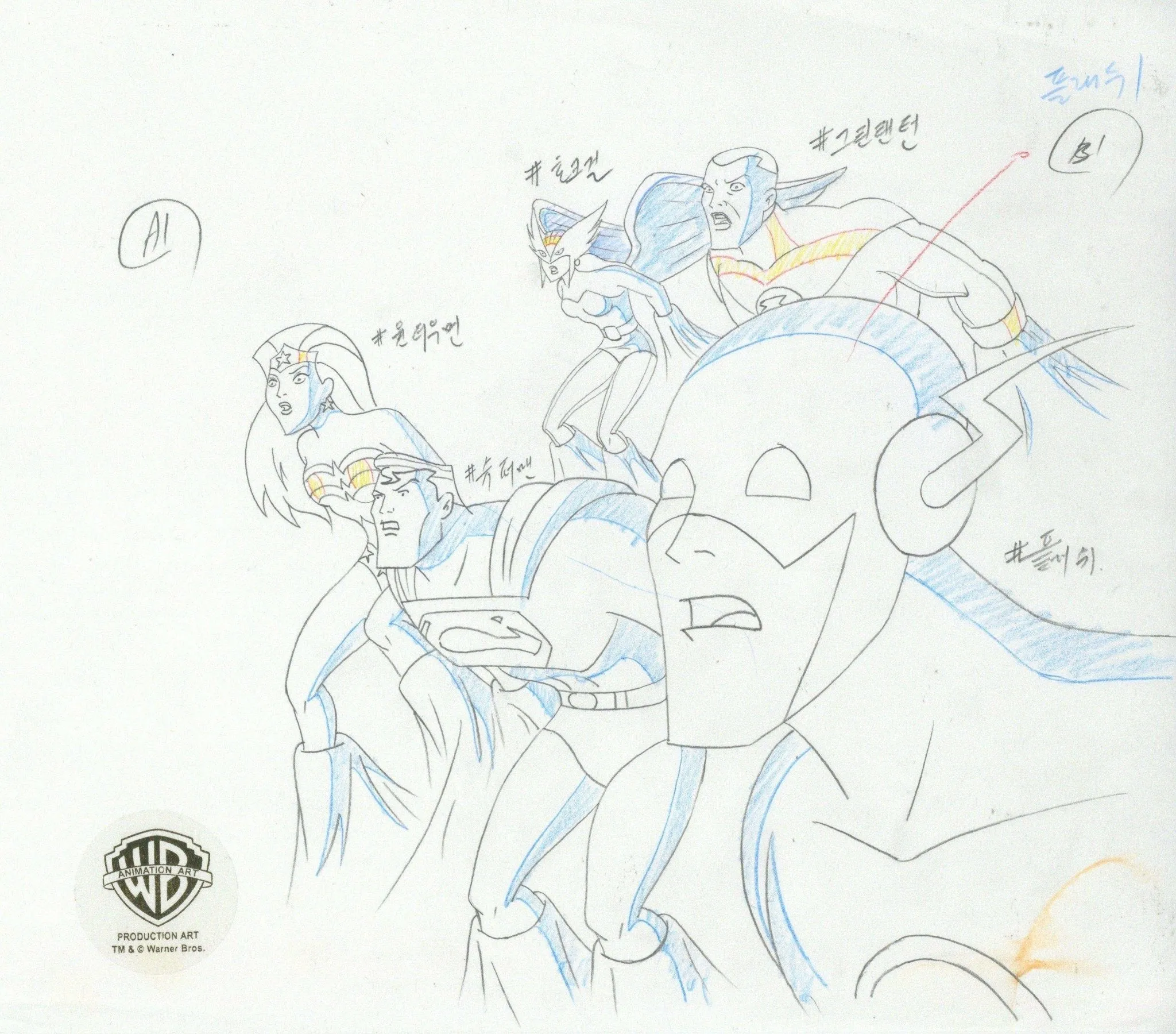 Justice League Original Production Drawing: The Flash, Superman,Wonder Woman,  Green Lantern, and Hawkgirl