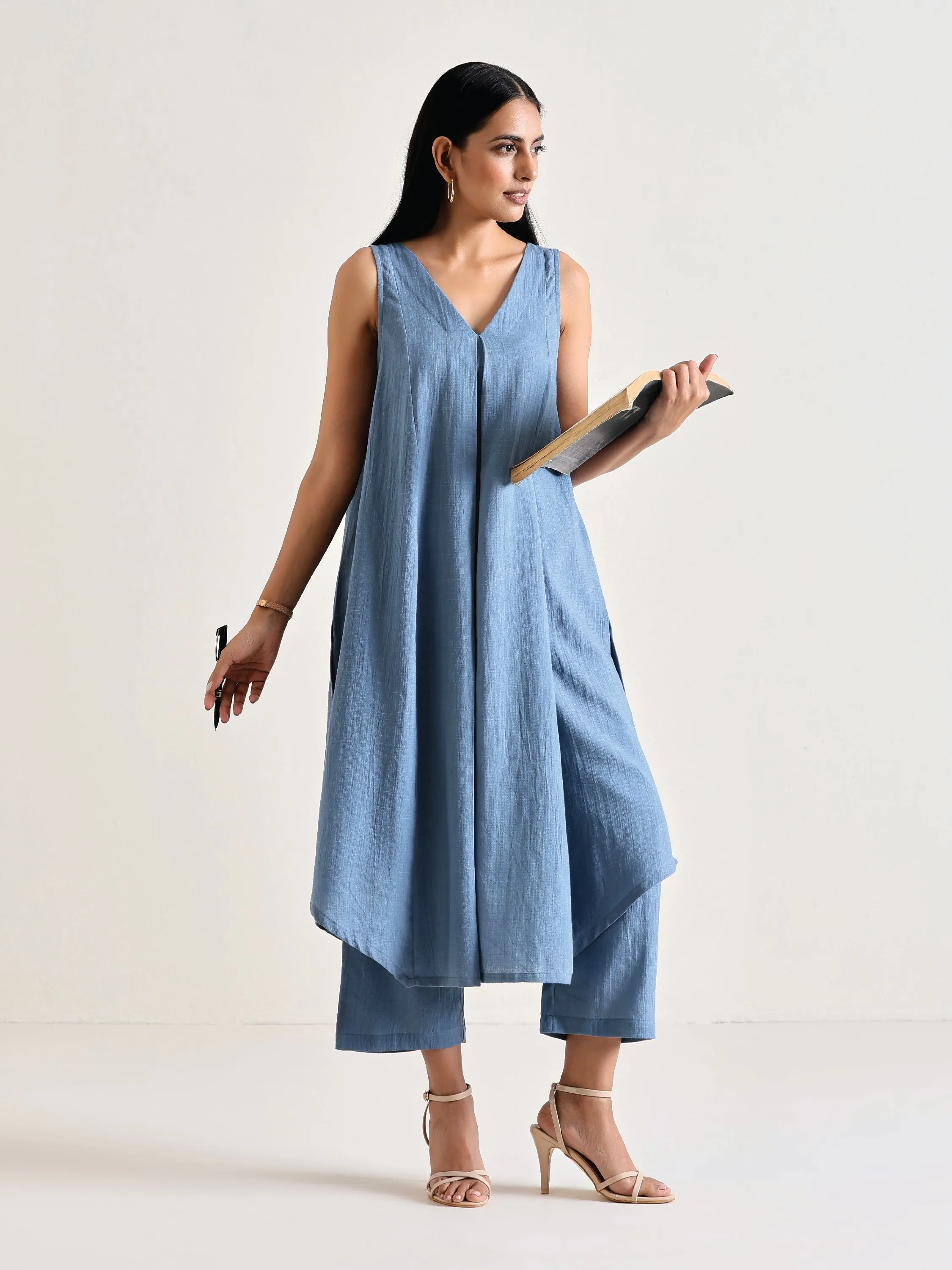 Light Blue Sleeveless Flared  Kurta Pant Set