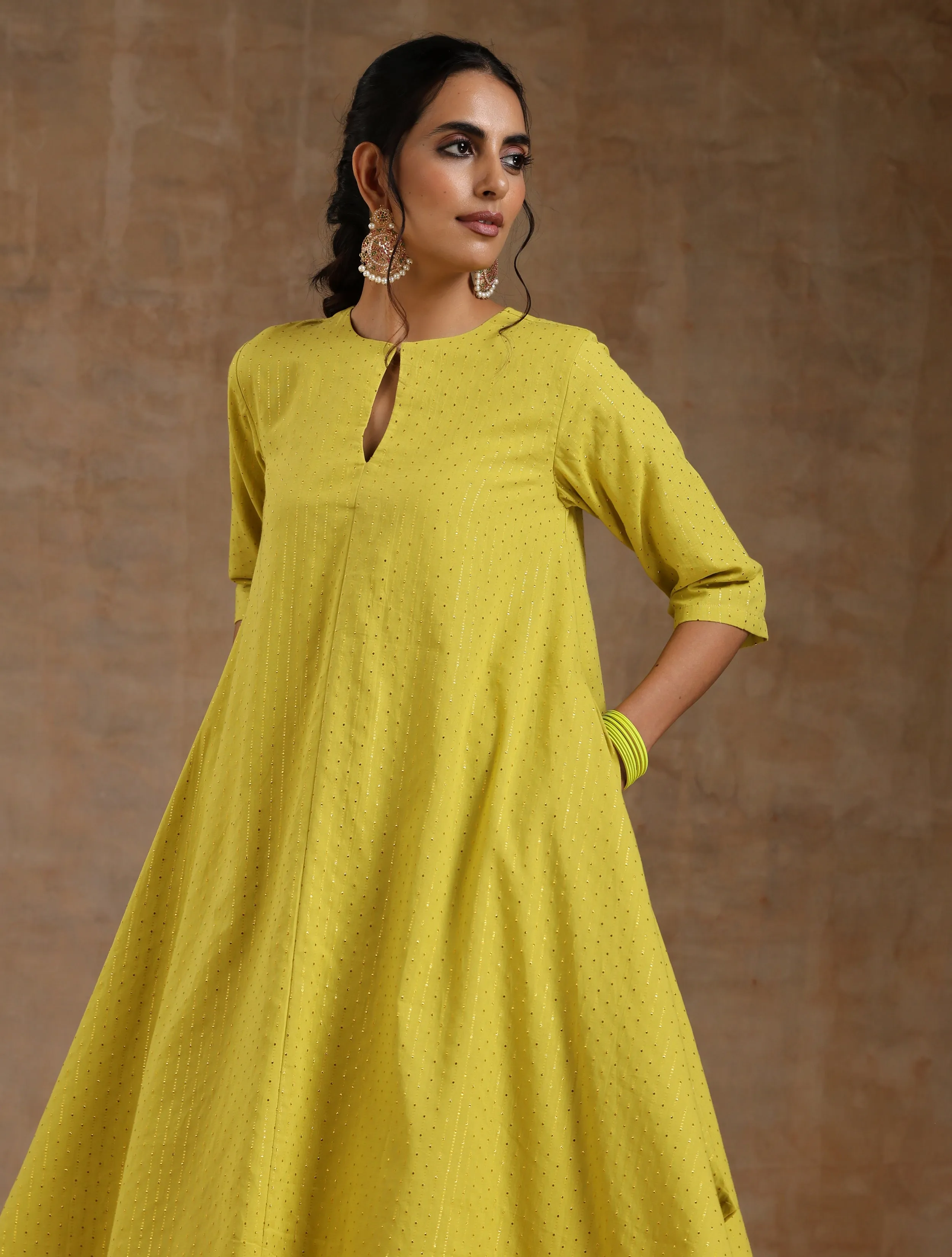 Lime Gold Cotton Handkerchief Kurta Set