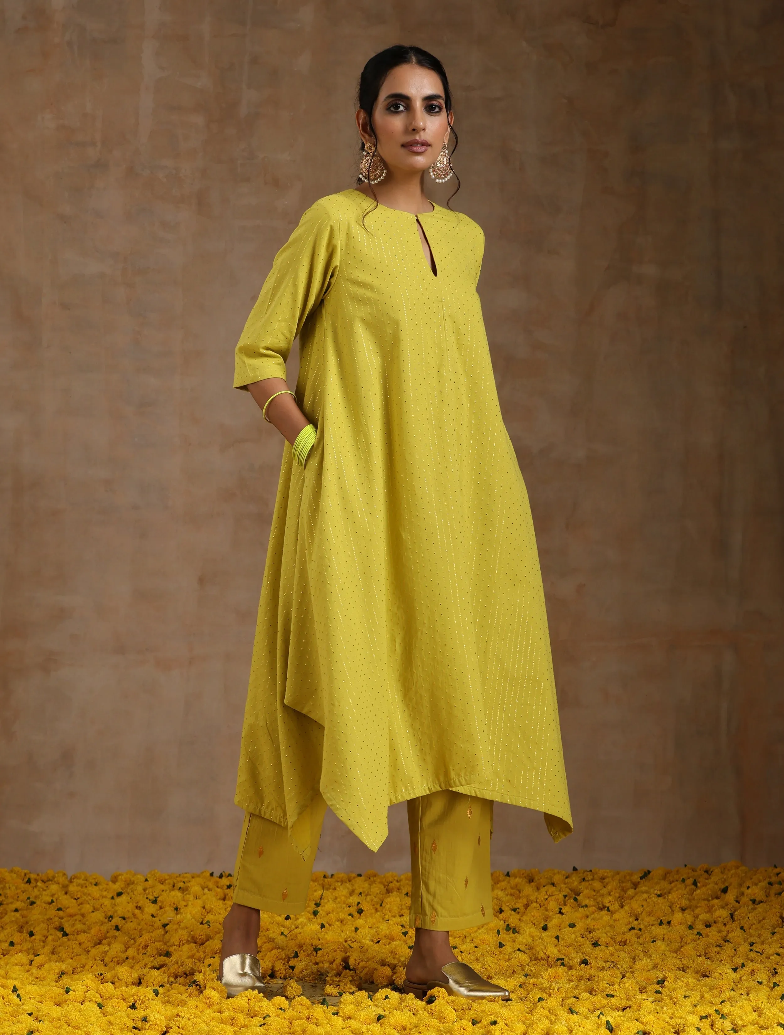 Lime Gold Cotton Handkerchief Kurta Set