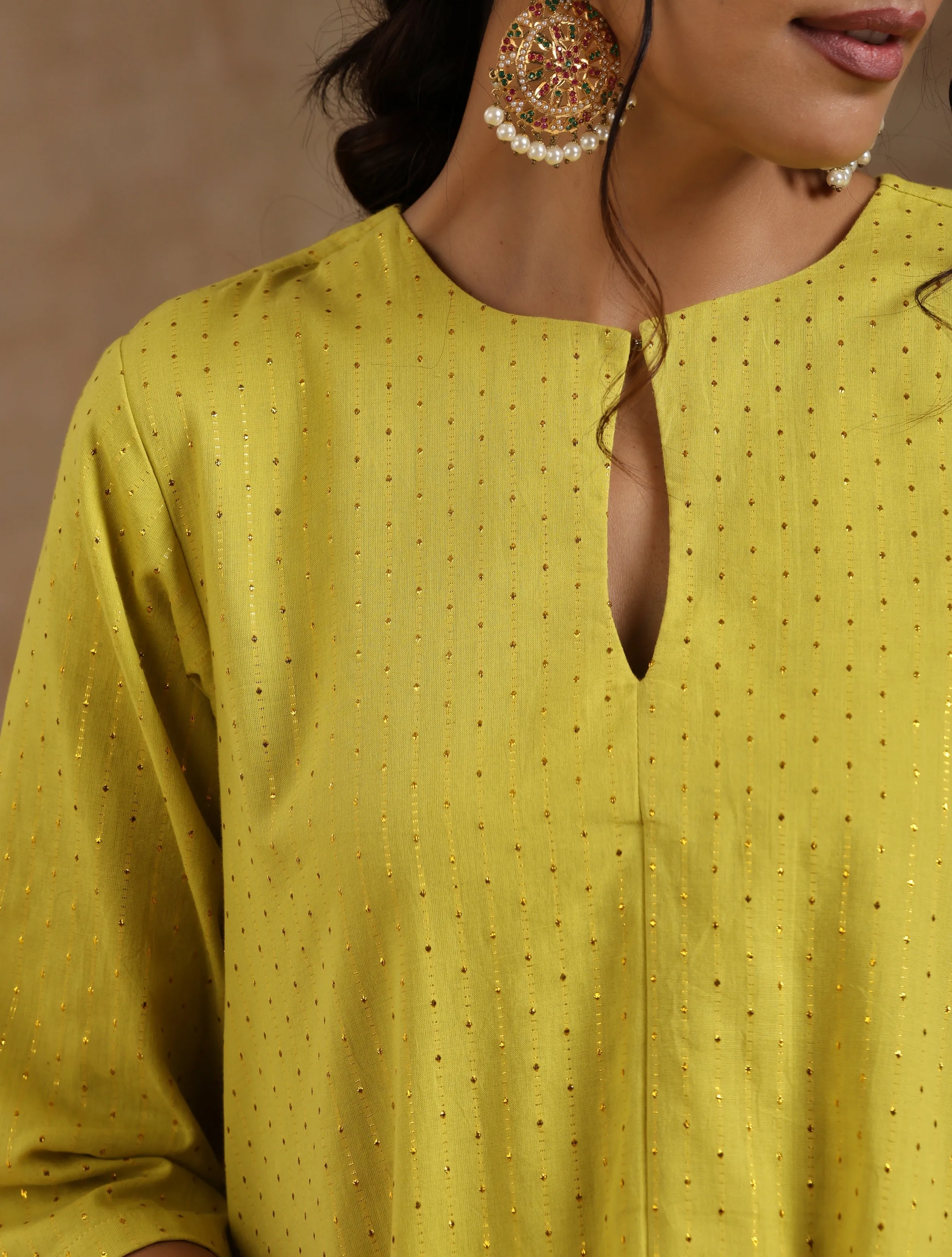 Lime Gold Cotton Handkerchief Kurta Set