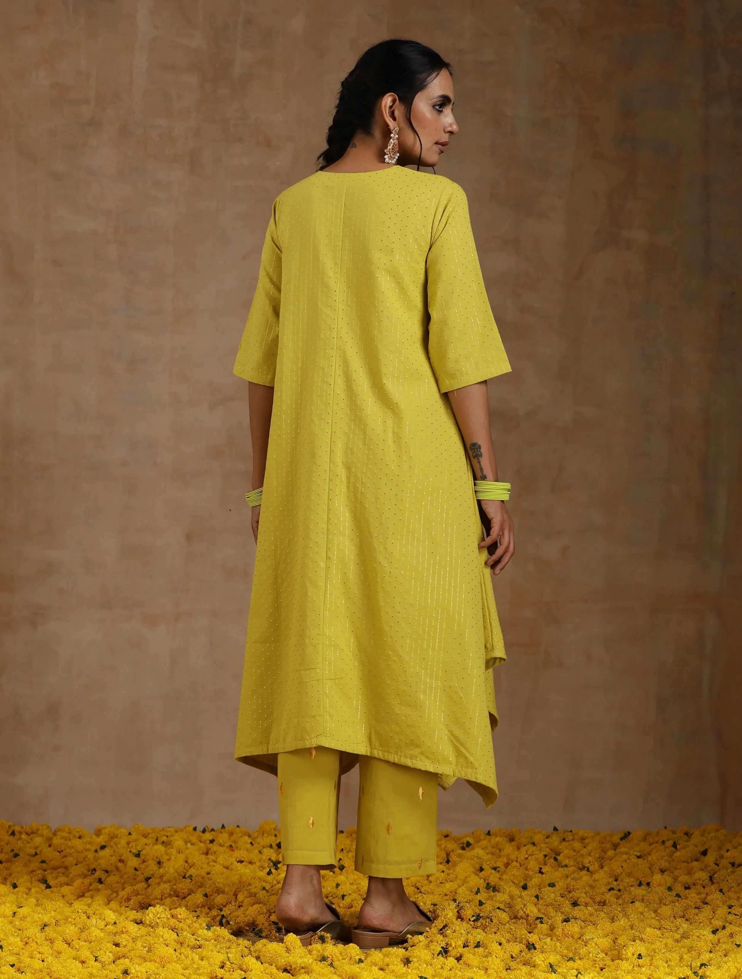 Lime Gold Cotton Handkerchief Kurta Set