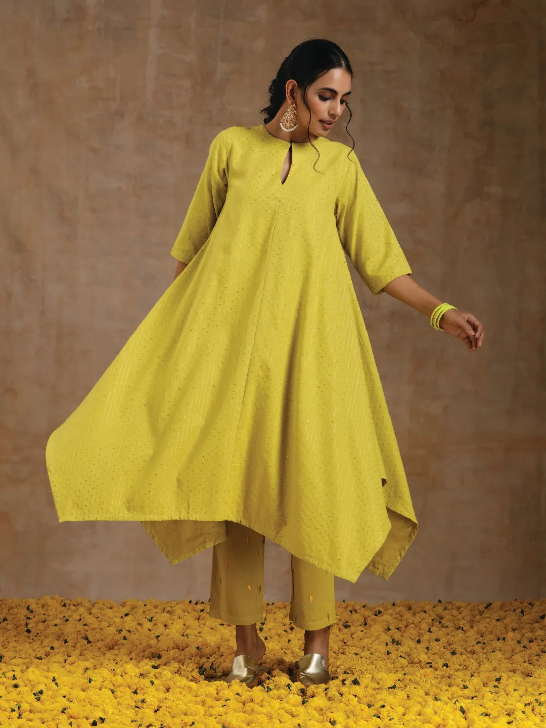 Lime Gold Cotton Handkerchief Kurta Set