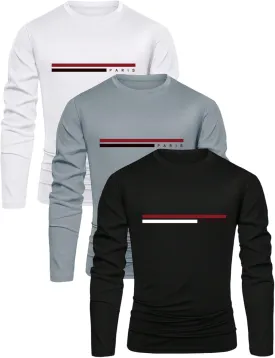 Men's 3 Pack Long Sleeve Shirts Letter Graphic Round Neck Casual T Shirt Top