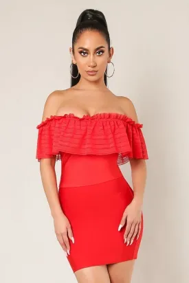 Red Off Shoulder Ruffled Bandage Crop Top