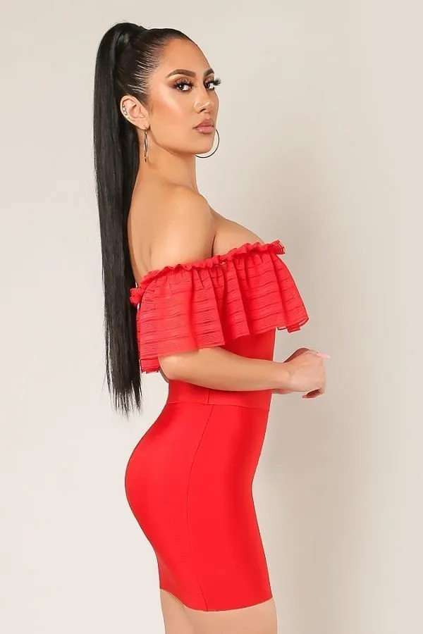 Red Off Shoulder Ruffled Bandage Crop Top