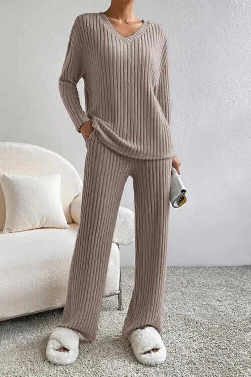 Ribbed V-Neck Shirt / Pants Outfit ( S - 2X )