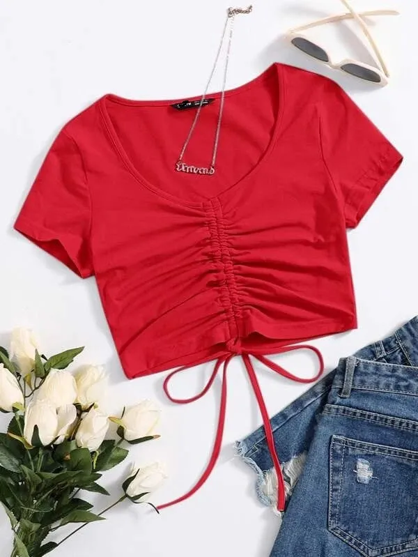 SOLID DRAWSTRING RUCHED TEE
