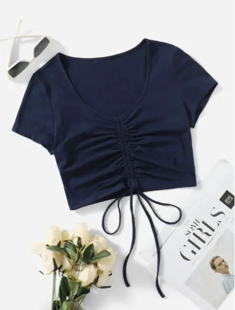 SOLID DRAWSTRING RUCHED TEE