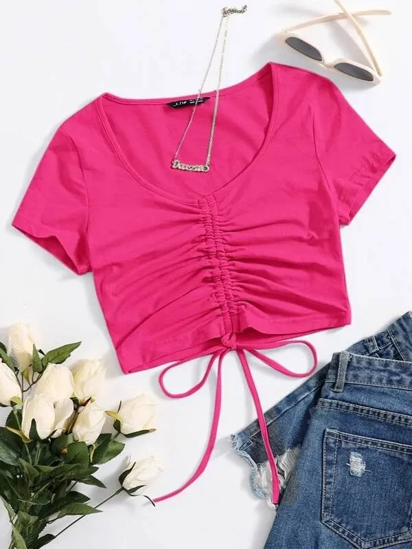 SOLID DRAWSTRING RUCHED TEE