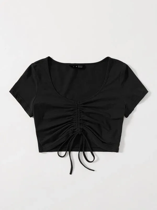 SOLID DRAWSTRING RUCHED TEE
