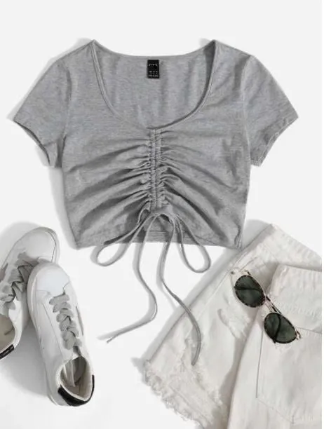 SOLID DRAWSTRING RUCHED TEE